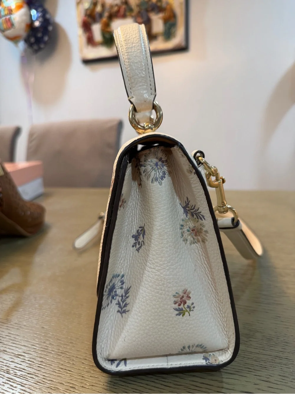 Coach Cream Floral Top-Handle Satchel with Gold Turn-Lock